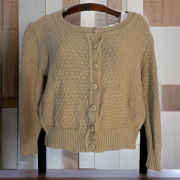 YEMAK Beige Women's Knit Boho Pointelle Button-Down Cardigan Band Hem X Large - Picture 1 of 6